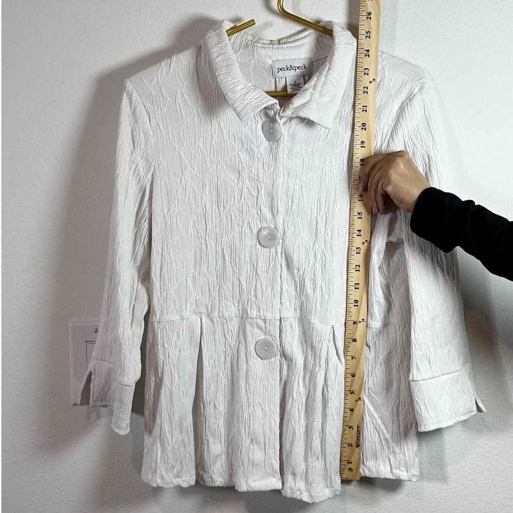 Peck & Peck Soft Luxury Tailored White Textured Crinkle Button Peplum Vintage S - Picture 7 of 8